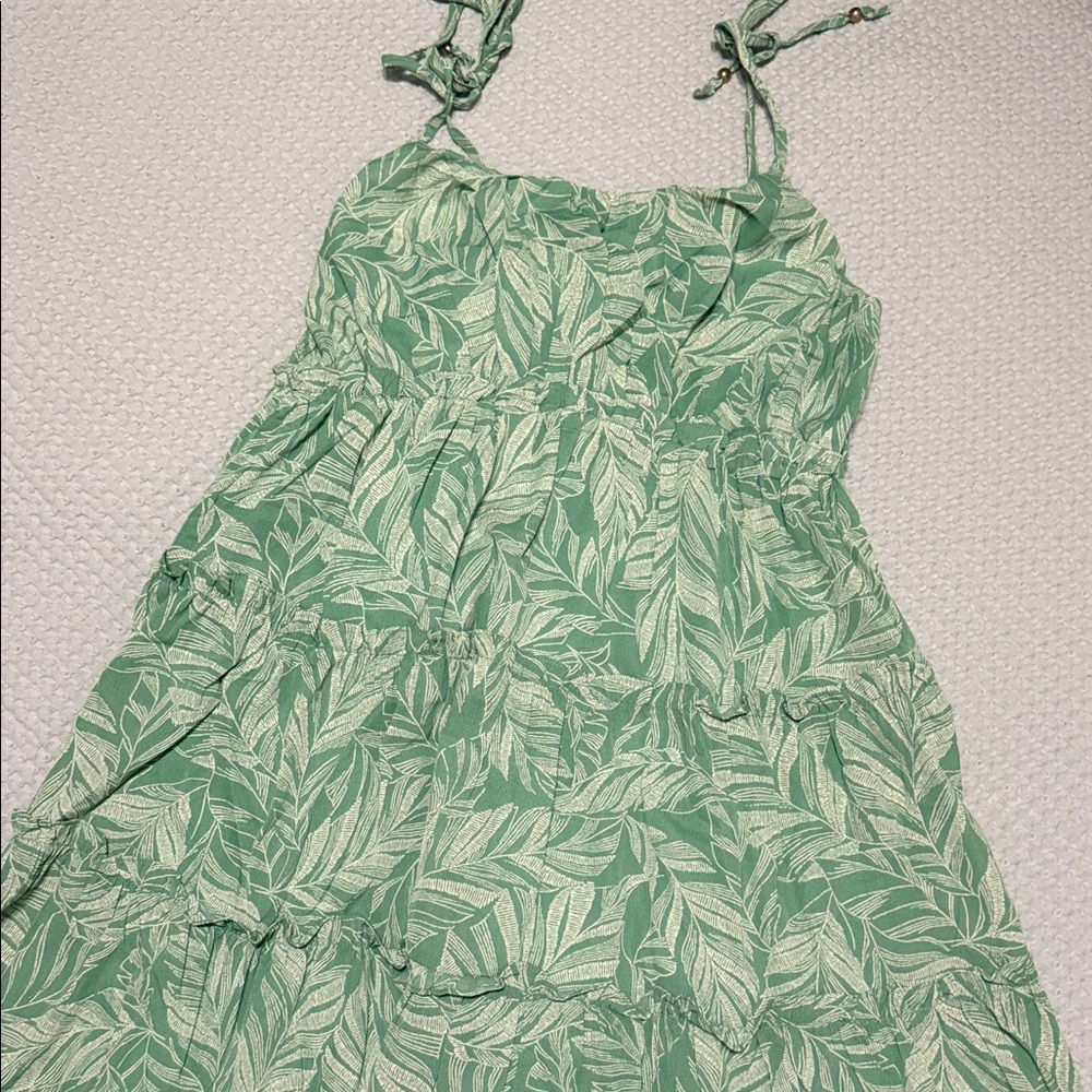 Green Leaf Print Mini Dress with Tie Straps